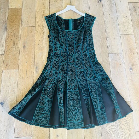 Tadashi Shoji Dress L Green Brocade Fit Flare Cocktail Wedding Guest Elegant - Picture 5 of 15